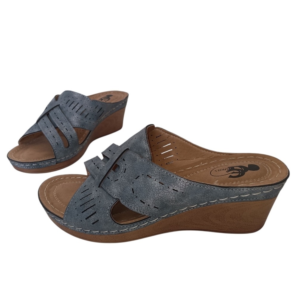 GC Shoes Miles Wedge Sandals Womens 8.5W Blue Laser Cut Boho Slip On Slide - Picture 2 of 9